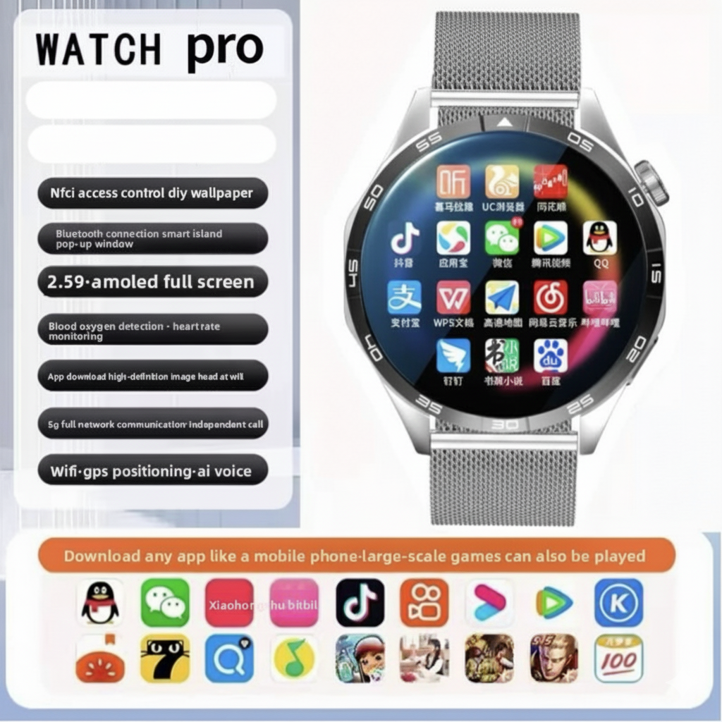 5G Smart Watch SIM, 1.55” HD, 8+128GB storage, SIM card insertion, Smart Features Includes WiFi download, learning apps, social entertainment functions, Health Monitoring, NFC Function, Magnetic Charging