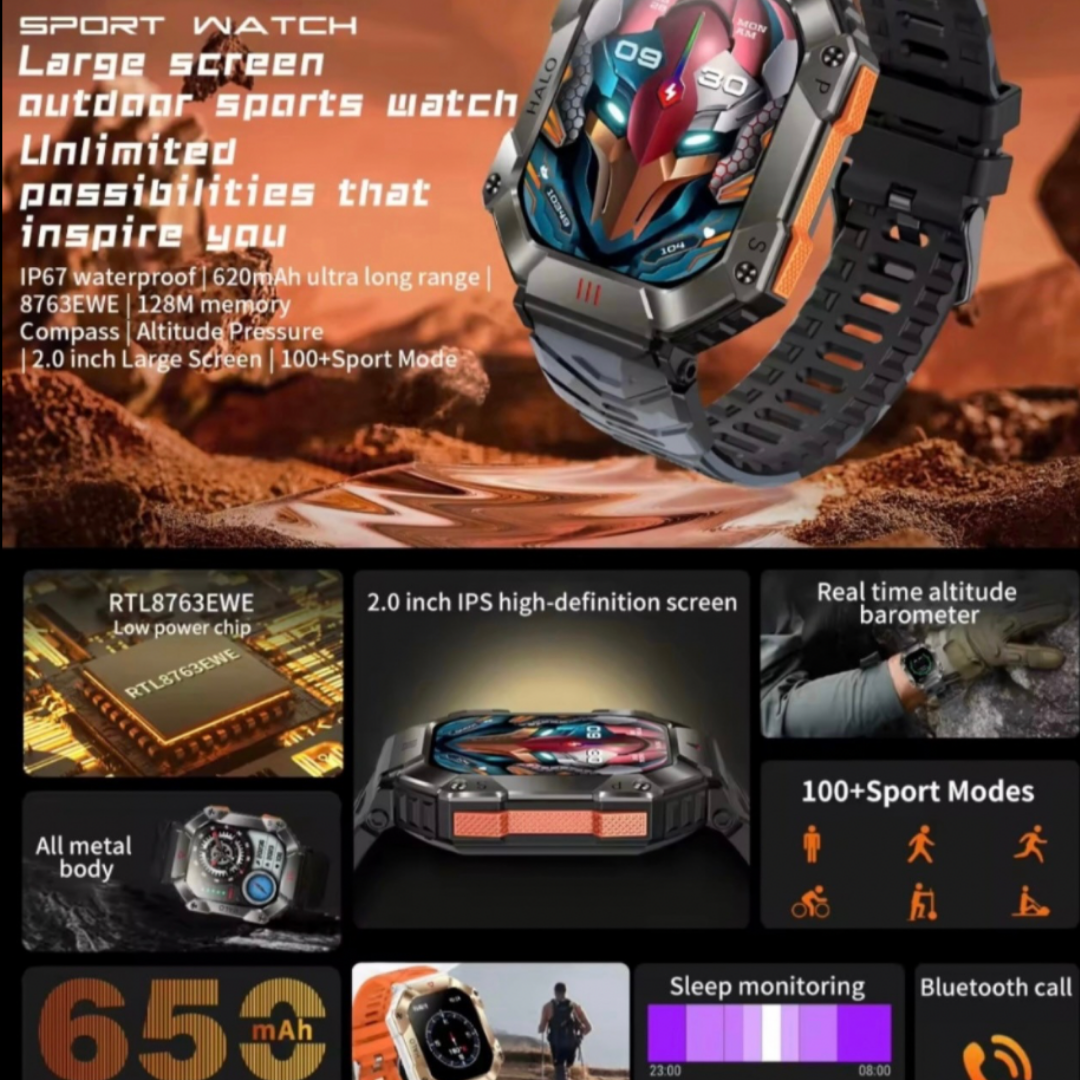 High Quality Durable Smartwatch, 2” High Definition IPS Screen, Bluetooth Call & Smart Notifications, Large Battery, Sports & Health Tracking, Compass & Waterproof Sports Design – Outdoor Electronic Watch