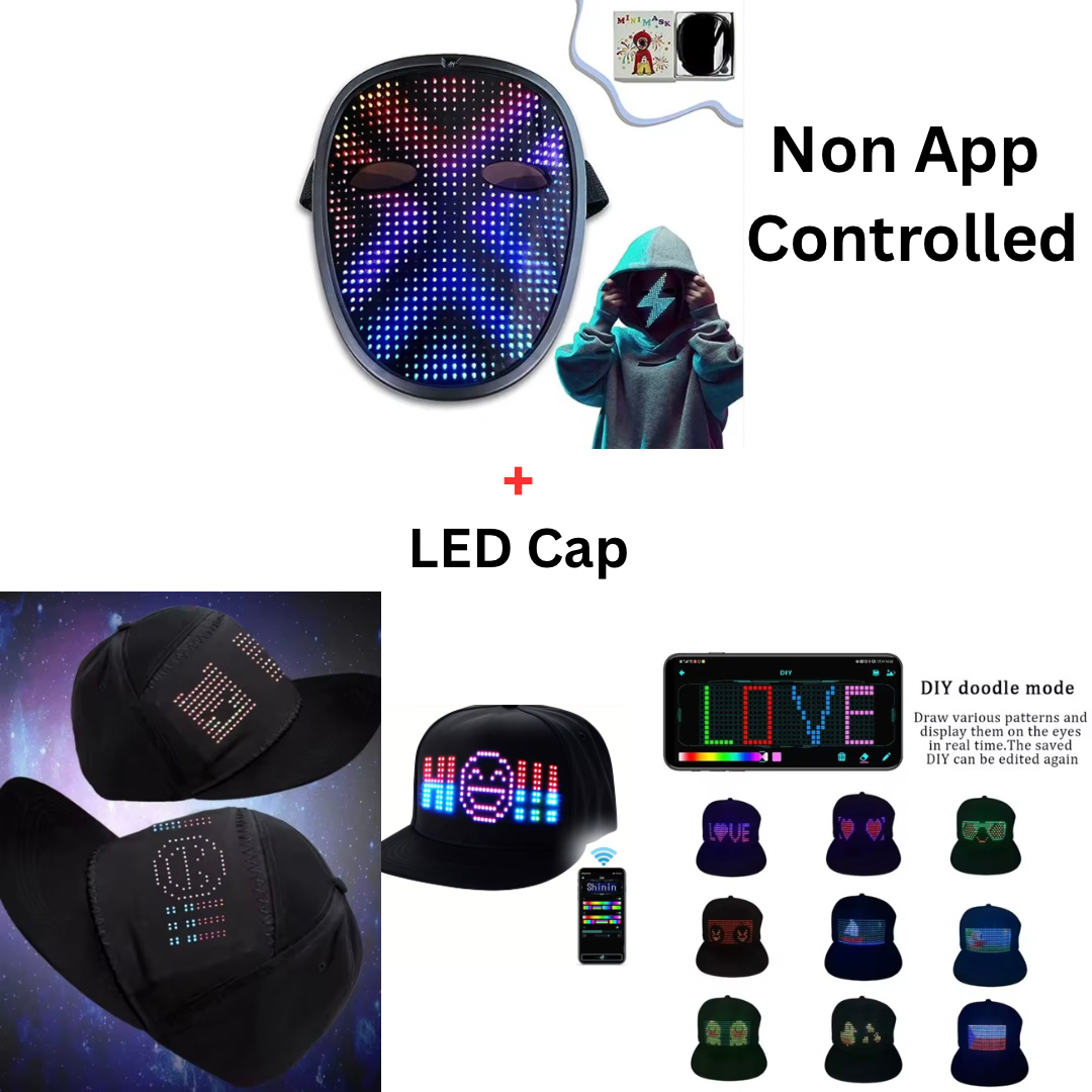 DIY Shining LED Face Mask, Two models: App control & No App, App control: Large Size - Program Text - Anim Display - File upload - Bluetooth - Uni Compatibility, No App: Small Size - Gesture control - 40 GIF, Optional: Gravity Headphones or Handheld Game