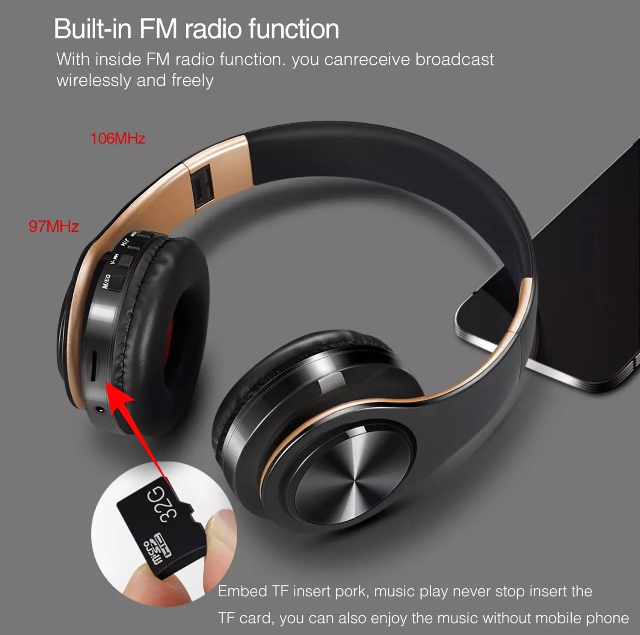 HEADPHONE MULTI FUNCTIONAL FOLDABLE WIRELESS STEREO SUPER BASS FM MIC SD CARD