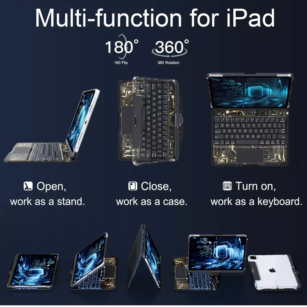 ROTATING CASE APPLE IPAD KEYBOARD IPAD PRO AIR SMART TRANSPARENT BACKLIGHT LED
