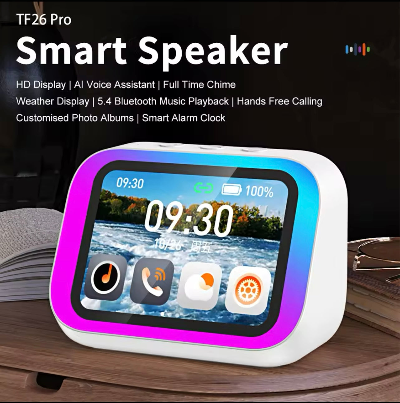 Smart Bluetooth Speaker Clock w/ Display, Weather, Temp, Voice Assistant