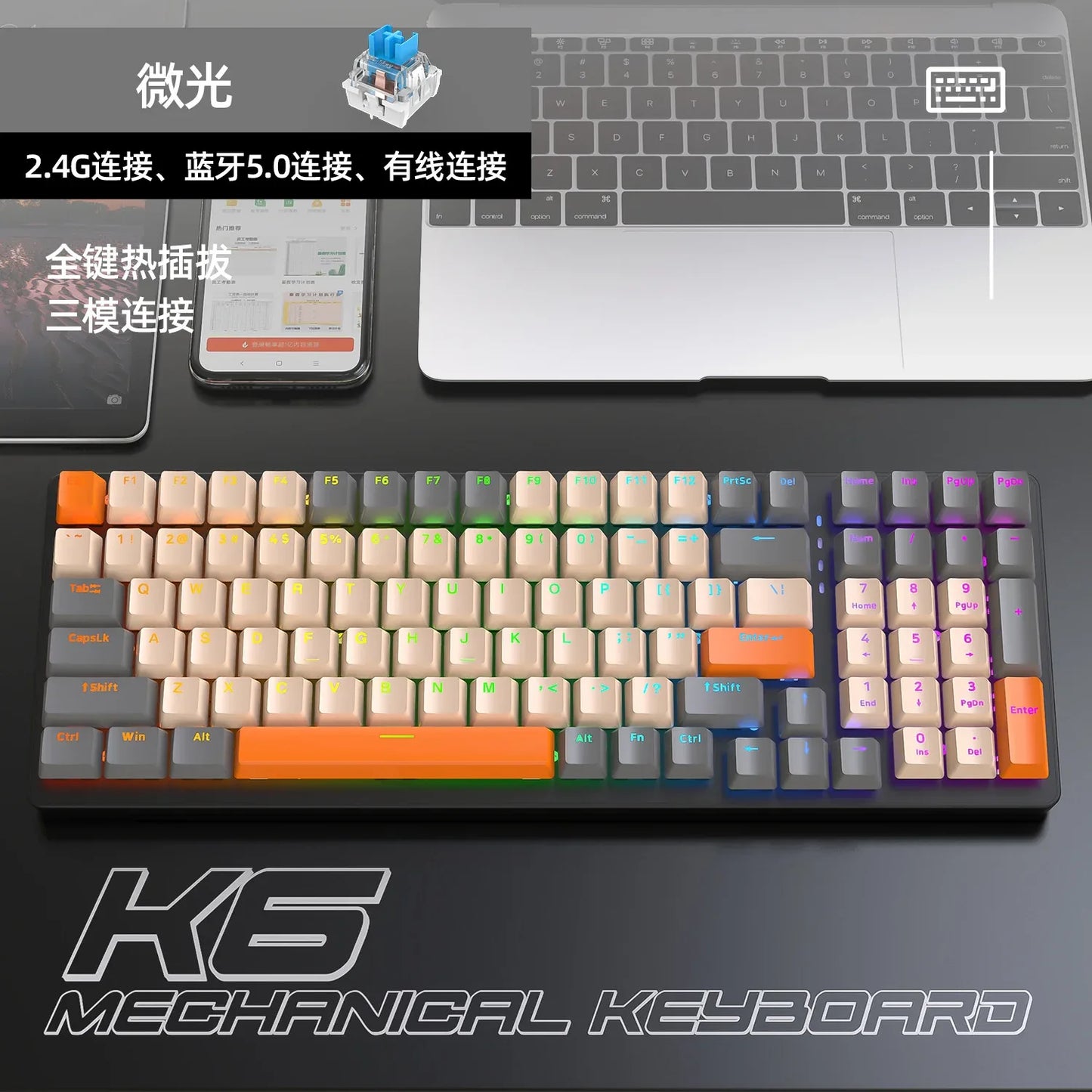 Freewolf K6 Mechanical Keyboard - Triple Mode Connectivity, 100 Keys Layout, Hot-Swappable, Multiple Lighting Effects, Red Axis Trigger Pressure - ZeeTec Store
