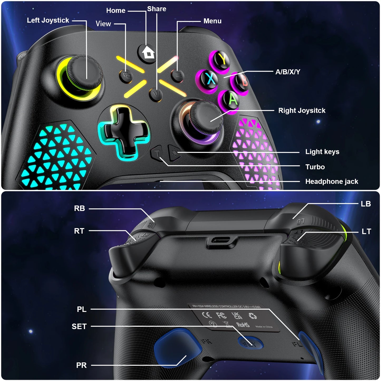 Wireless Gamepad Controller for Xbox One, RGB, Dual Vibration with Six Axis