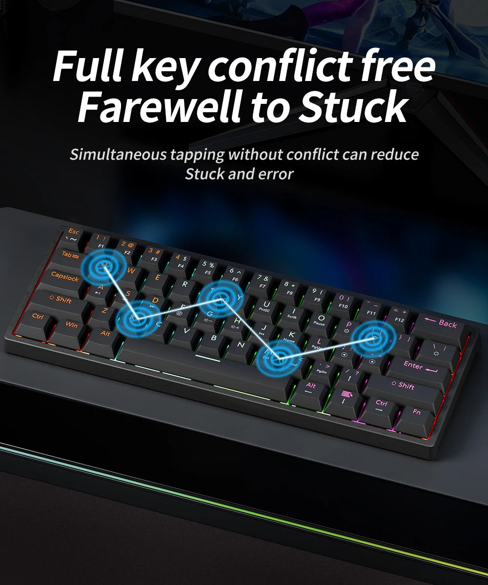 Wired Gaming Mechanical Keyboard 61 Keys Red Switch RGB Backlit Hot Swappable