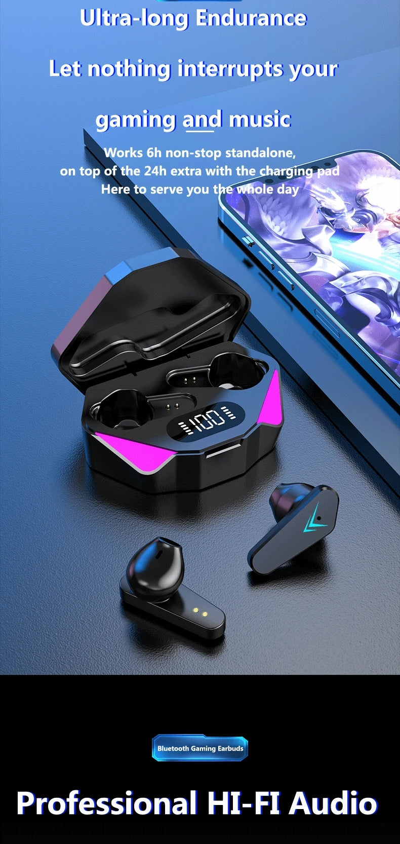 WIRELESS EARBUDS EARPHONE LED DISPLAY HIFI MUSIC STEREO SURROUND BASS GAMING