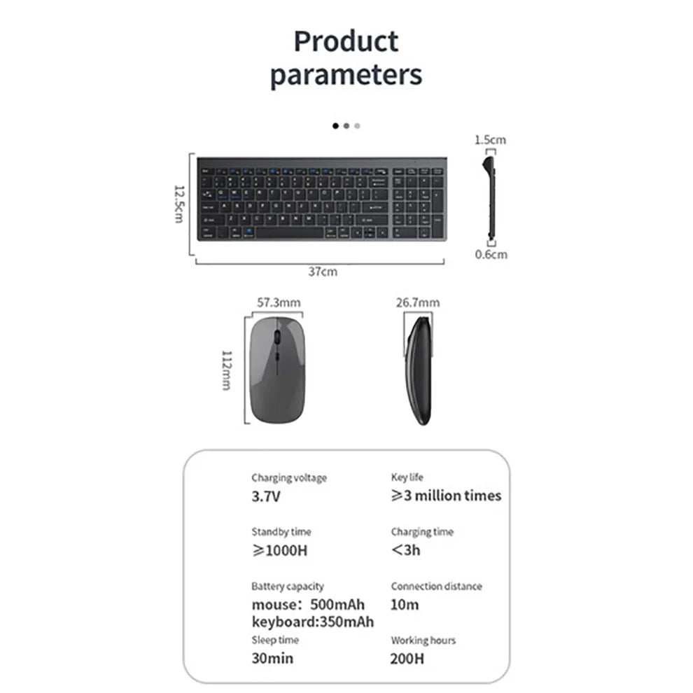 Wireless Keyboard Mouse Slim Rechargeable Multi-Device for Laptop Computer