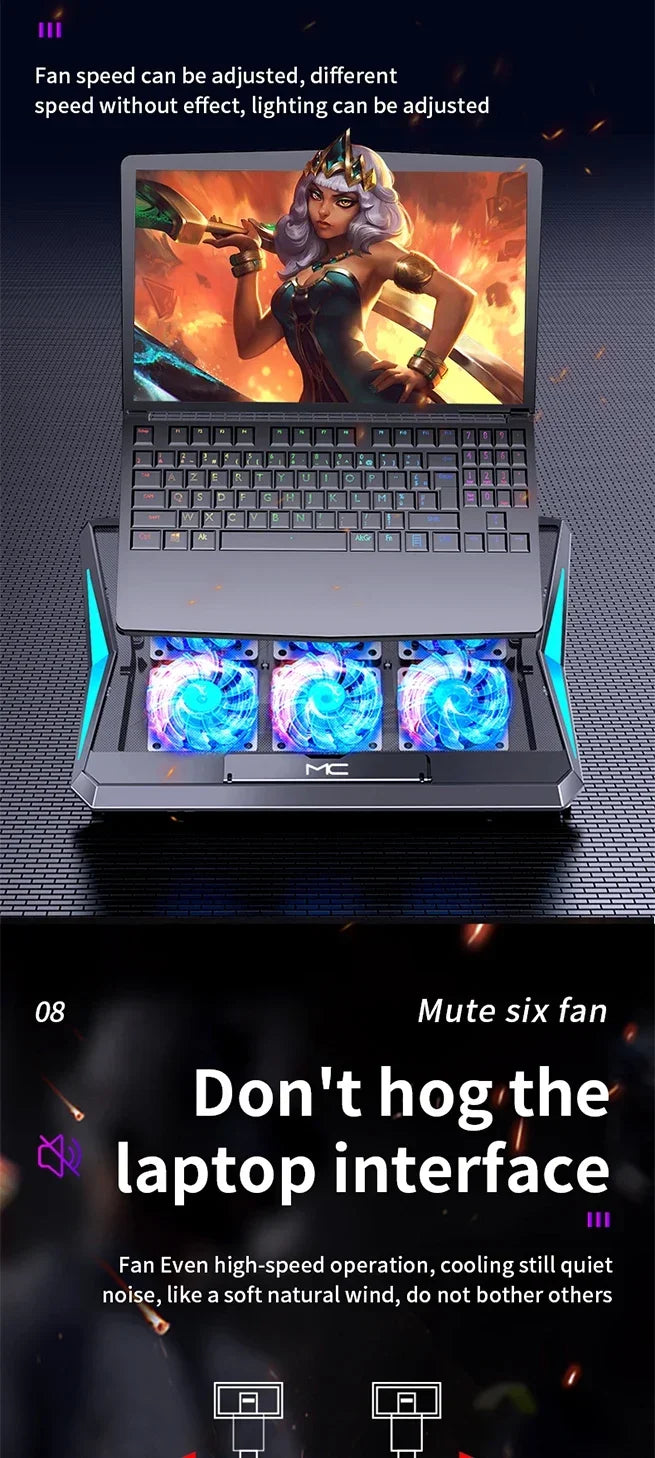 LAPTOP COOLING PAD STAND with Six FANS ADJUSTABLE SILENT for Laptop Below 17"