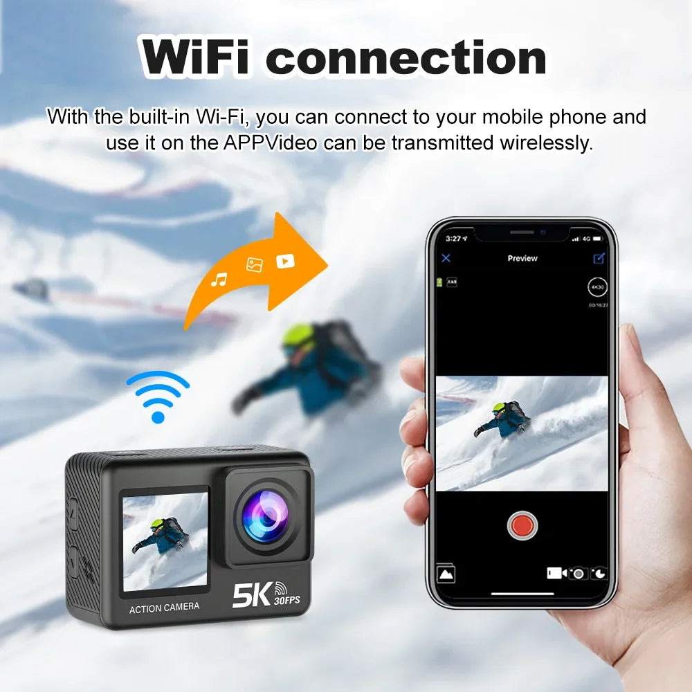 5K Action Camera Dual Display Screens WiFi Touch 170° Wide Sports Cam+Remote