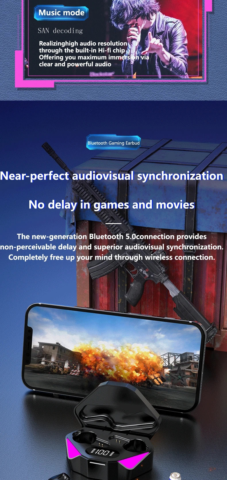 WIRELESS EARBUDS EARPHONE LED DISPLAY HIFI MUSIC STEREO SURROUND BASS GAMING