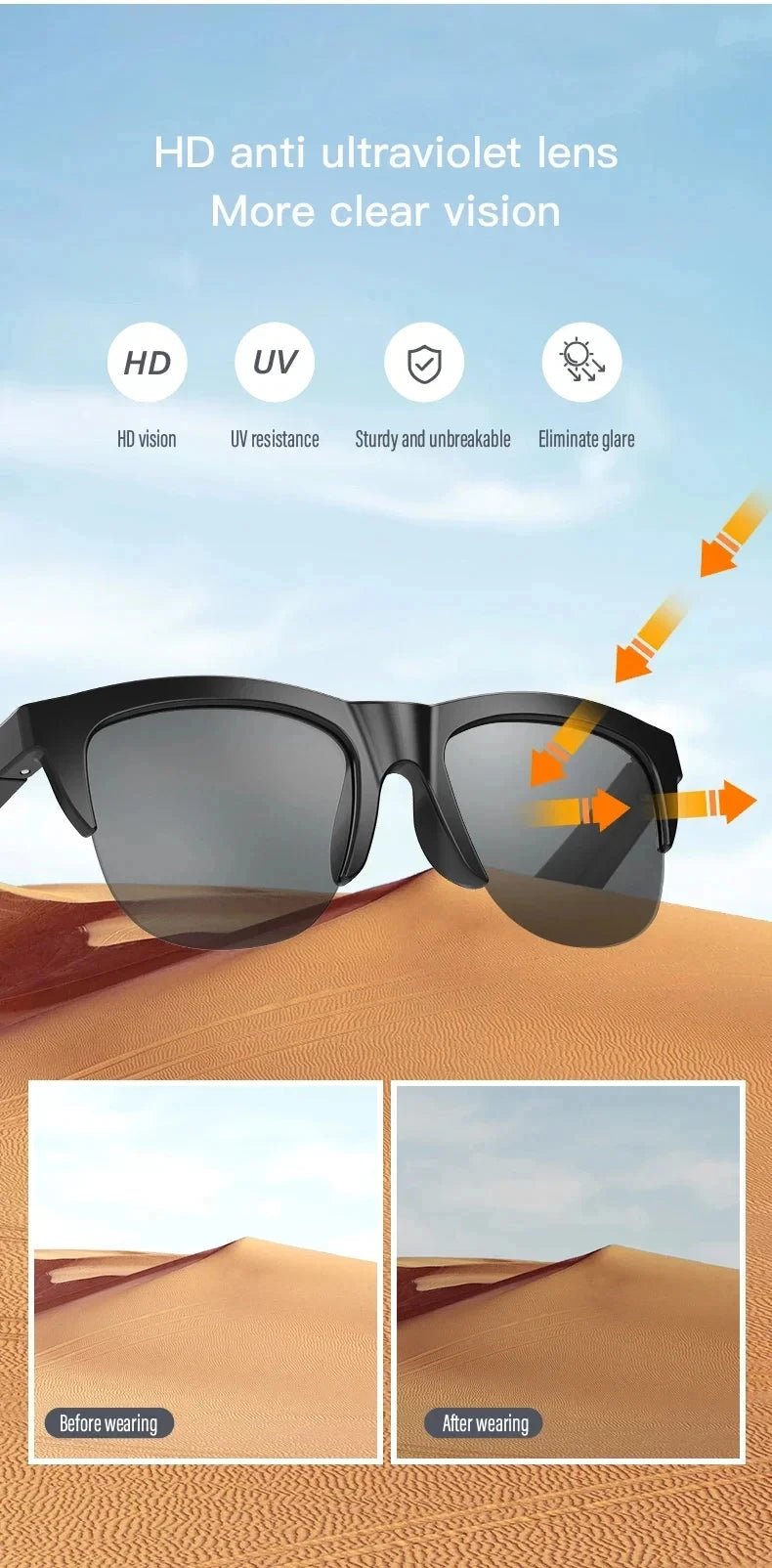 SMART SUNGLASS BLUETOOTH CALL HIFI SOUND MUSIC BLUE LIGHT WATERPROOF ANTI UV