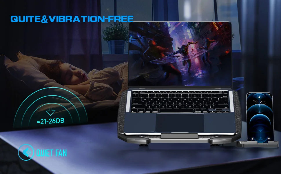 Laptop Cooling Pad β 12-15.6β Stand, 5 Quiet Fans, Adjustable Height, Built-in Pho
