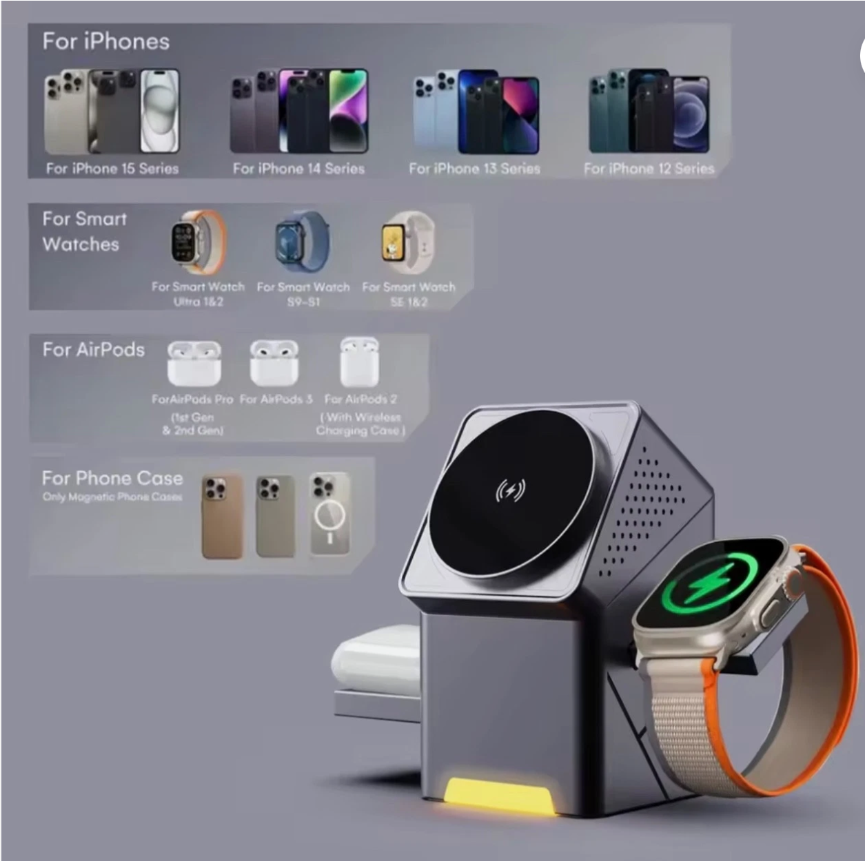 3-in-1 Rotating Magnetic Wireless Charger Stand Fast Charging for iPhone Watch