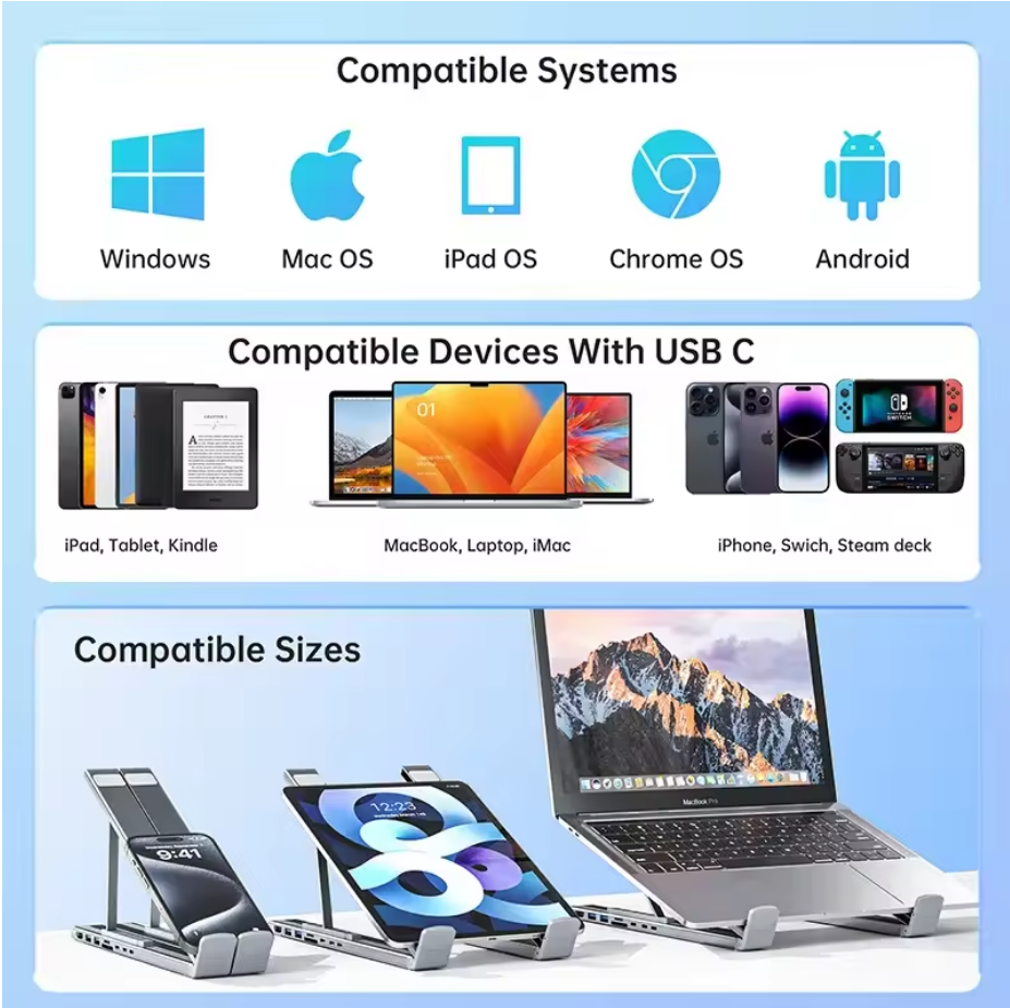 Universal Laptop Stand with USB-C Hub β Adjustable Holder Bracket with HDMI, SD/TF Card Reader, and Type-C Docking Station for MacBook, iPad Pro & Laptops