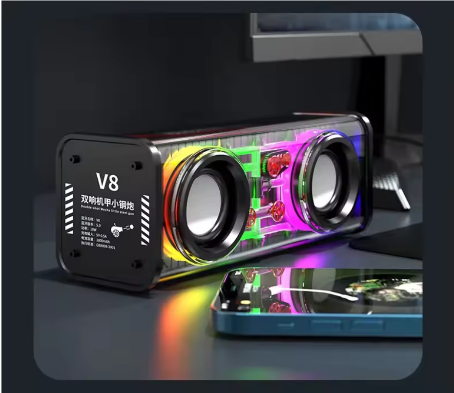 Transparent Mecha Bluetooth 5.0 TWS Speakers β Wireless Mini Party Loudspeaker with Double Bass Diaphragm & RGB Lights