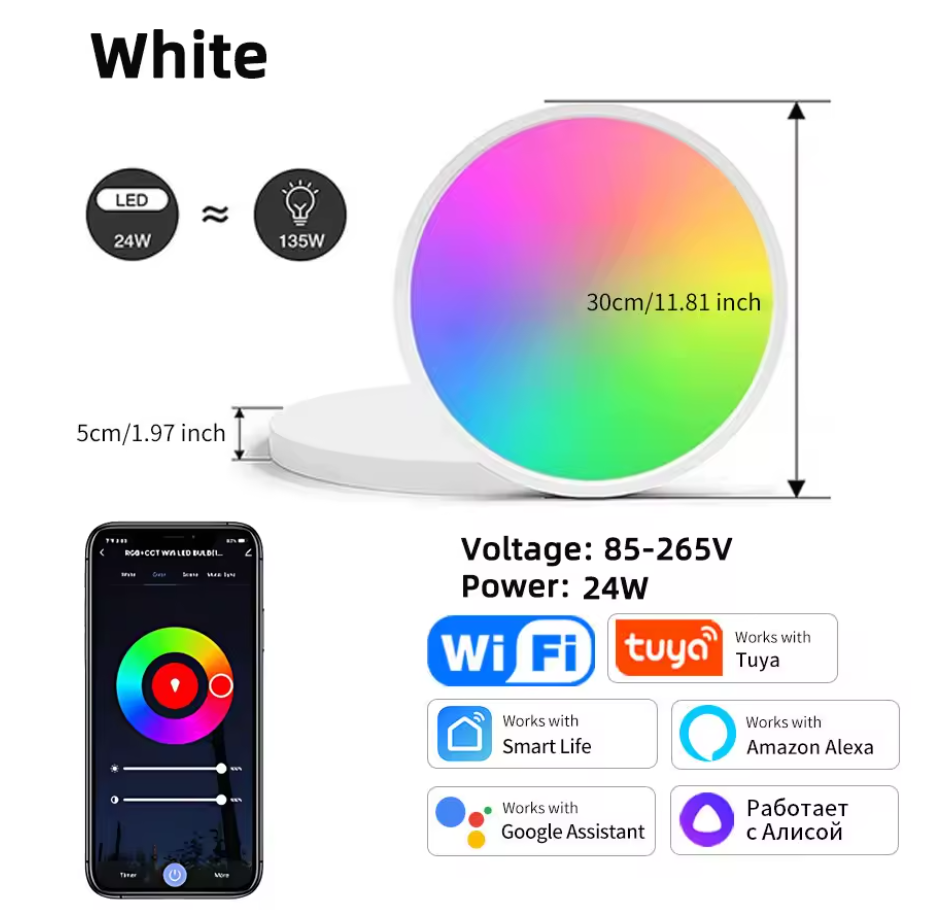 Tuya Smart WiFi Bluetooth LED Ceiling Light 24W | RGB + Warm & Cool White | APP & Voice Control with Alexa & Google