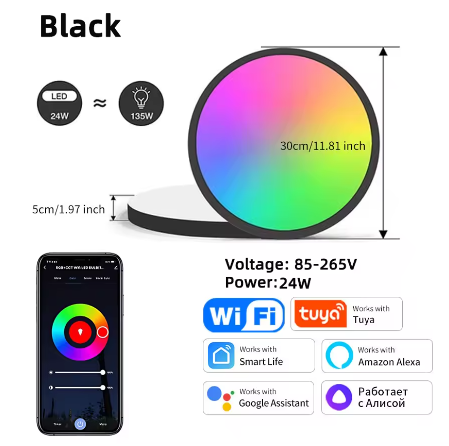 Tuya Smart WiFi Bluetooth LED Ceiling Light 24W | RGB + Warm & Cool White | APP & Voice Control with Alexa & Google