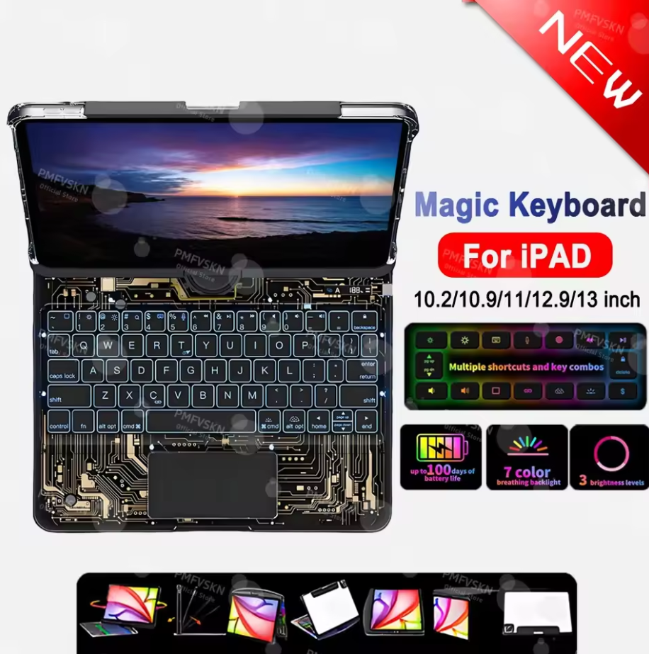 360° Rotating Keyboard Case iPad Backlit LED Transparent/Black/White/Pink Cover