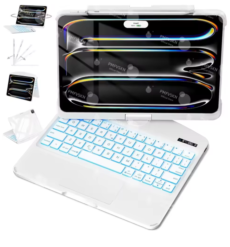 360° Rotating Keyboard Case iPad Backlit LED Transparent/Black/White/Pink Cover