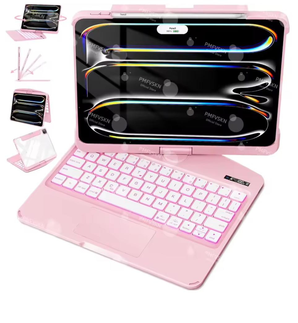 360° Rotating Keyboard Case iPad Backlit LED Transparent/Black/White/Pink Cover
