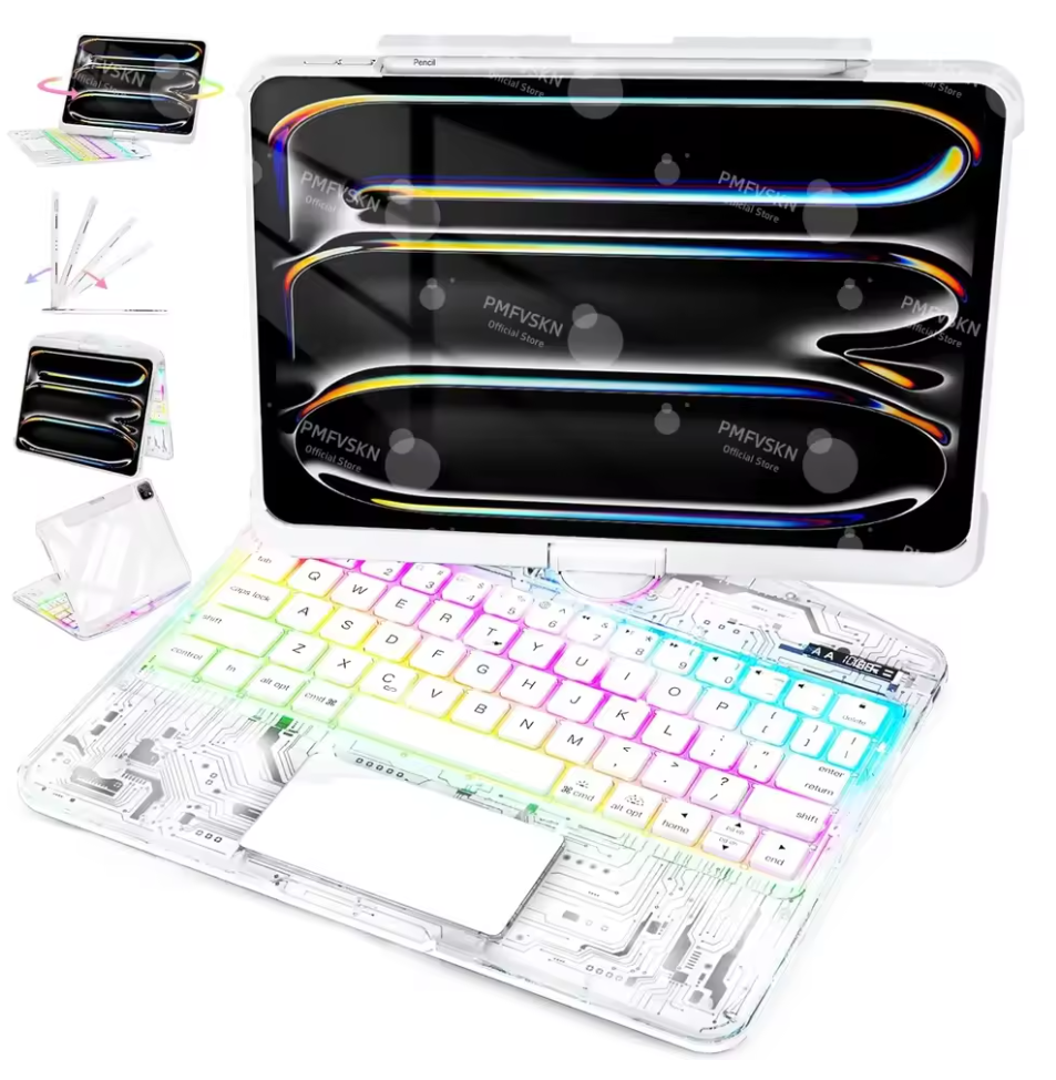 360° Rotating Keyboard Case iPad Backlit LED Transparent/Black/White/Pink Cover