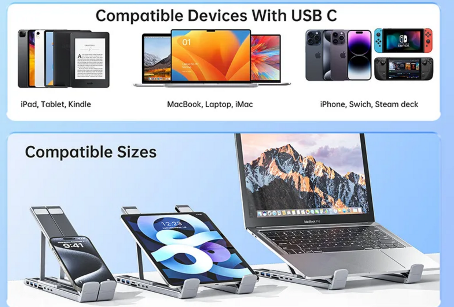 Universal Laptop Stand with USB-C Hub β Adjustable Holder Bracket with HDMI, SD/TF Card Reader, and Type-C Docking Station for MacBook, iPad Pro & Laptops