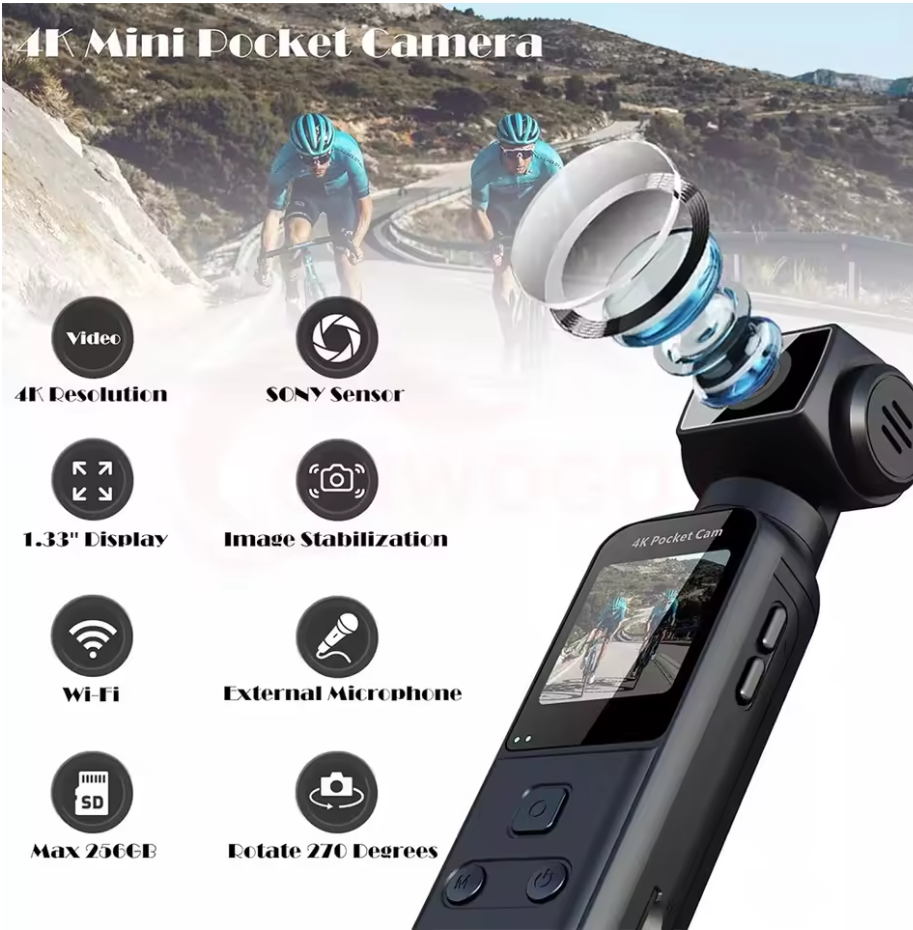 4K HD Sports Camera | Anti-Shake | 270° Rotate | Pocket Selfie Cam One-Click