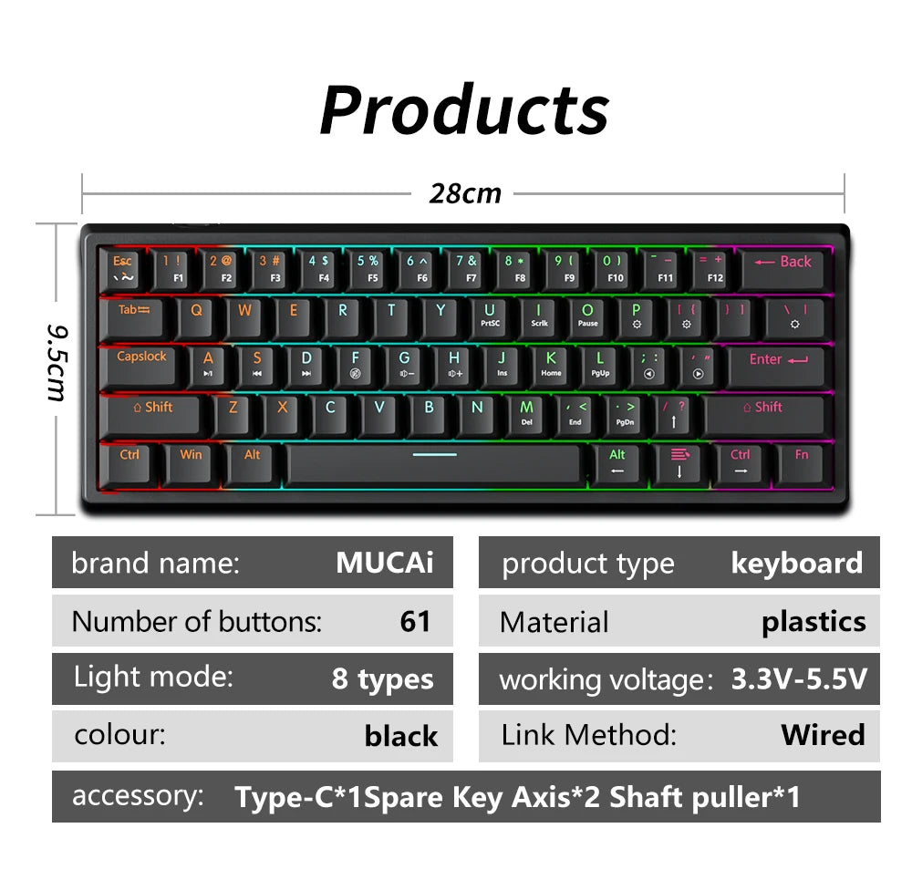 Wired Gaming Mechanical Keyboard 61 Keys Red Switch RGB Backlit Hot Swappable