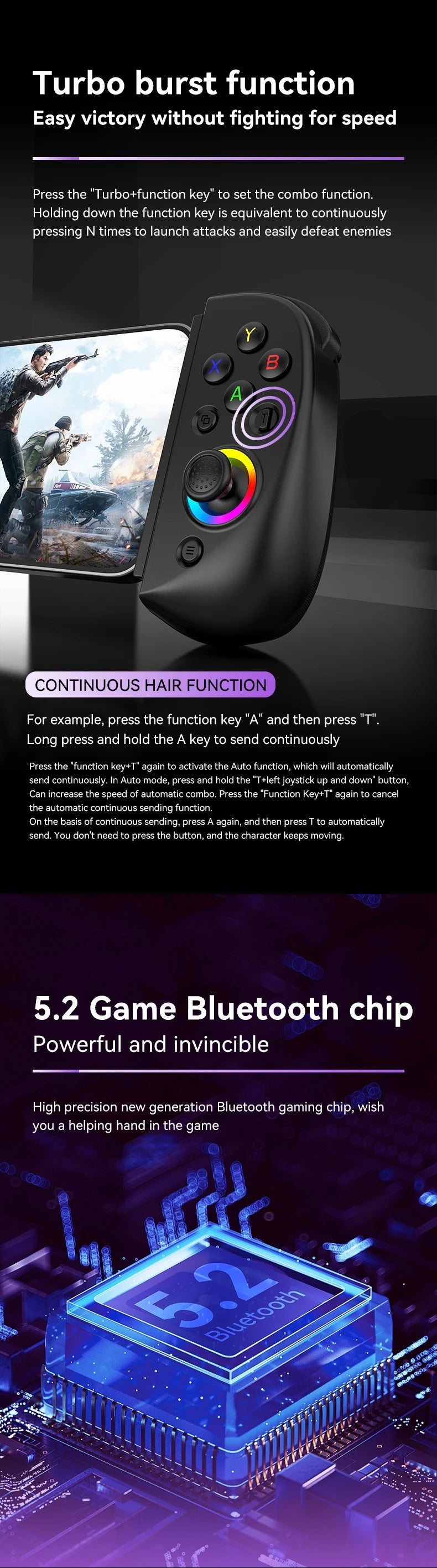 Wireless Mobile Controller Turbo 6-Axis Gyro Vibration for Android iOS PS4 PS3