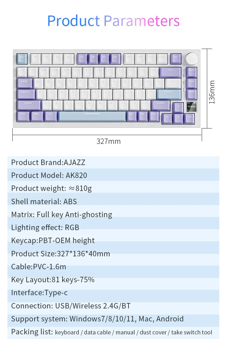 AJAZZ AK820 Pro Mechanical Gaming Keyboard TFT Screen RGB Tri-Mode Wired 2.4G Bluetooth