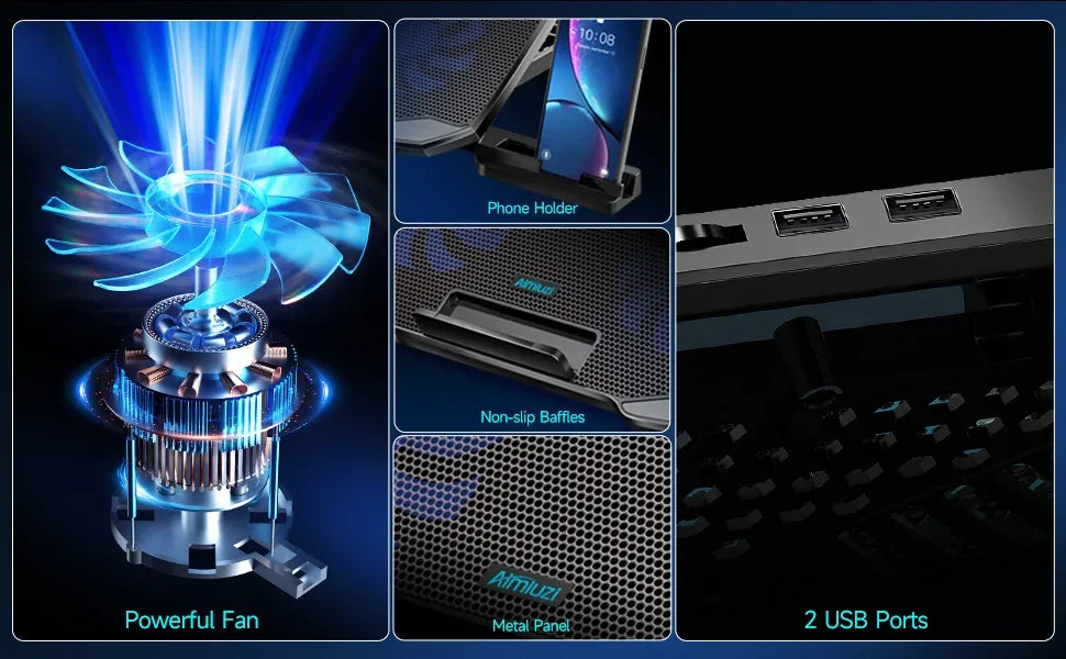 Laptop Cooling Pad with 5 Quiet Fans – Adjustable Height for 12-15.6” Laptops and Built-in Phone Holder - ZeeTec Store