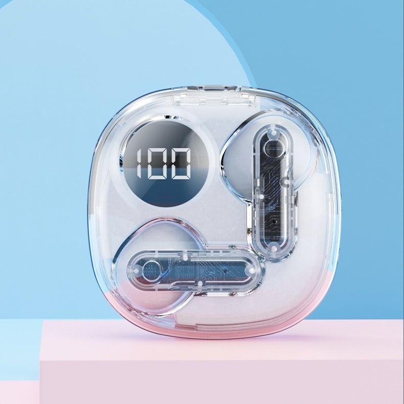 Wireless Bluetooth Headset, Transparent Shell Design, Digital Display & Marquee Lights, Bilateral Stereo Sound, Long Battery Life
