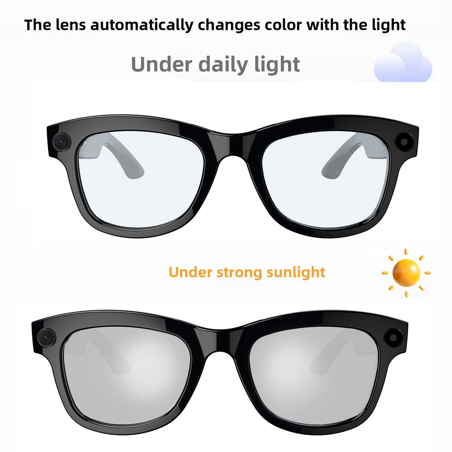 AI Camera Smart Glasses, Built-in camera 500W or 800W, Anti-Shake Technology, Smart Bluetooth, Touch Control, Multi-Functionality: Includes AI translation voice assistant and remote photography, Weight: 370g, Battery Capacity: 230mAh