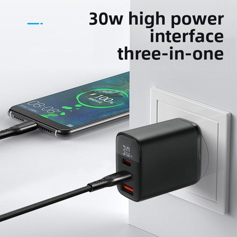 30W Triple Port Fast Charger with Digital Display, Universal Compatibility, PD Protocol: Supports Power Delivery for efficient fast charging
