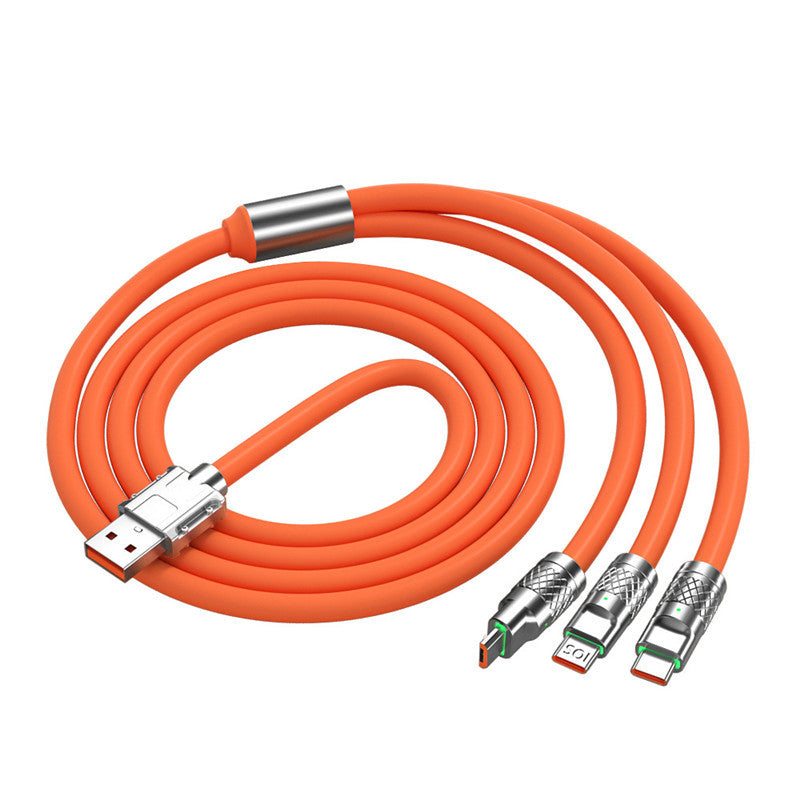 Zn Alloy Fast Cable, High Power Fast Charging: 120W output, Multi-Device Support: One-to-three design with Lightning, Micro USB, and Type-C interfaces, Wide Compatibility, Durable Material: Silicone construction for flexibility and longevity