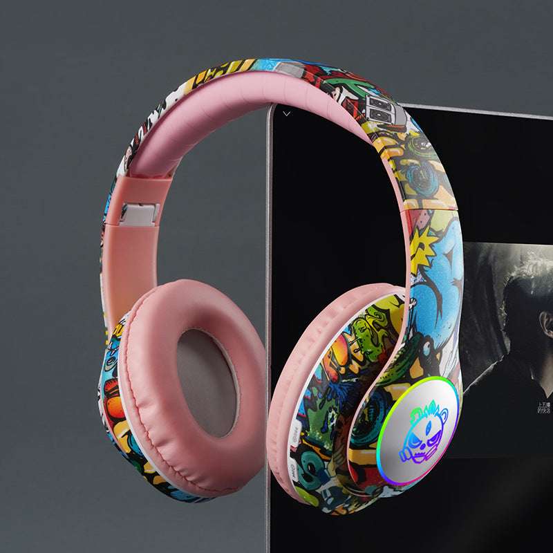 Bluetooth Glowing graffiti headphones, Luminous Design, Card Insertable- Supports memory card insertion, Multi-Compatibility, Long Battery Life 200mAh battery capacity, Lightweight 200g