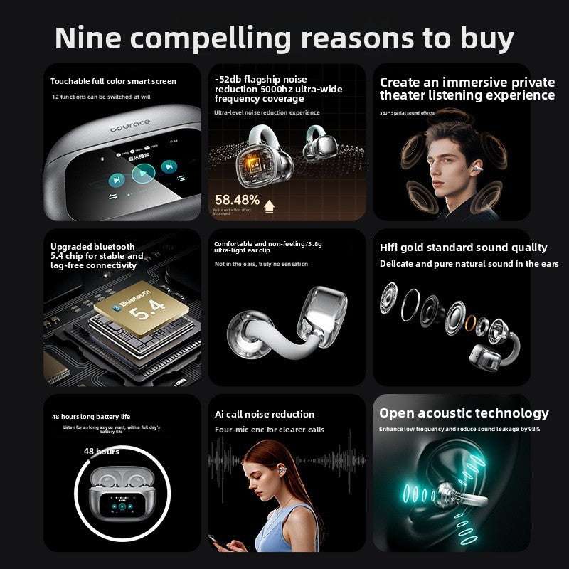 Wireless Bone Conduction Bluetooth Headphones, AI Translation, Noise Reduction, Long Battery Life: Over 8 hours of continuous use, Digital Display Screen, Lightweight