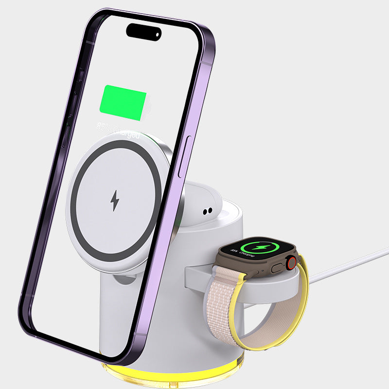 3-in-1 Wireless Charger, Magsafe Technology, 15W Fast Charging, Built-in Atmosphere Light, Universal Compatibility: Supports Samsung/Apple watches and QC protocol devices (phone)