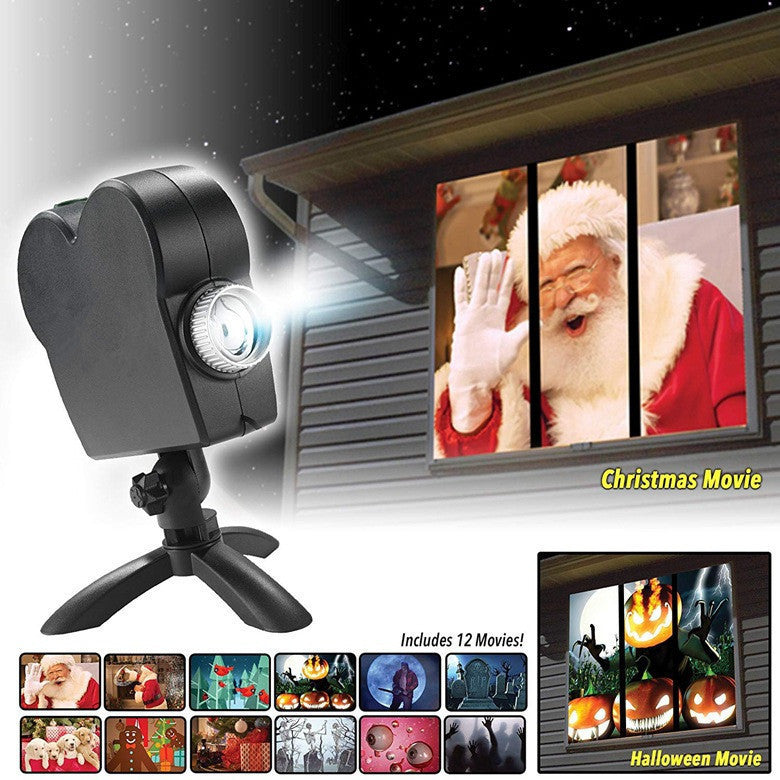 Create Holiday vibes by Projecting on Home Window 12 festive short films for Christmas and Halloween celebrations.