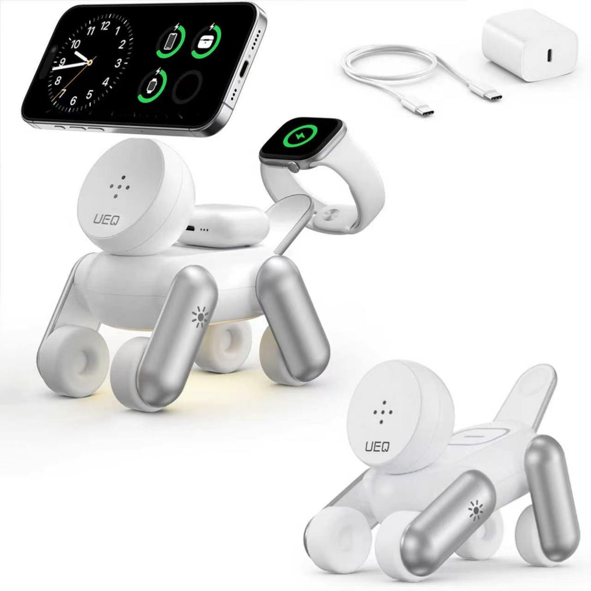 Robot Dog Design 3-in-1 Design Combines a wireless charger, night light, and desk decoration.