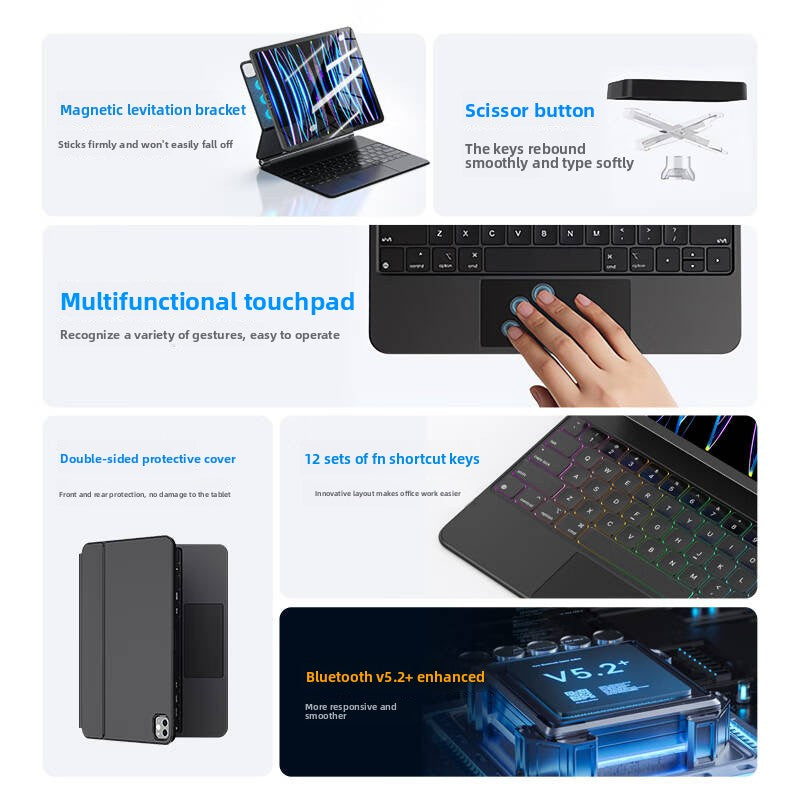 iPad Magnetic Bluetooth Keyboard with Backlight, Magnetic Suspension Design, Multicolor Backlight, Wide Compatibility: Fits multiple iPad models (Pro 11/12.9/13-inch, Air 4/5/6, etc.)