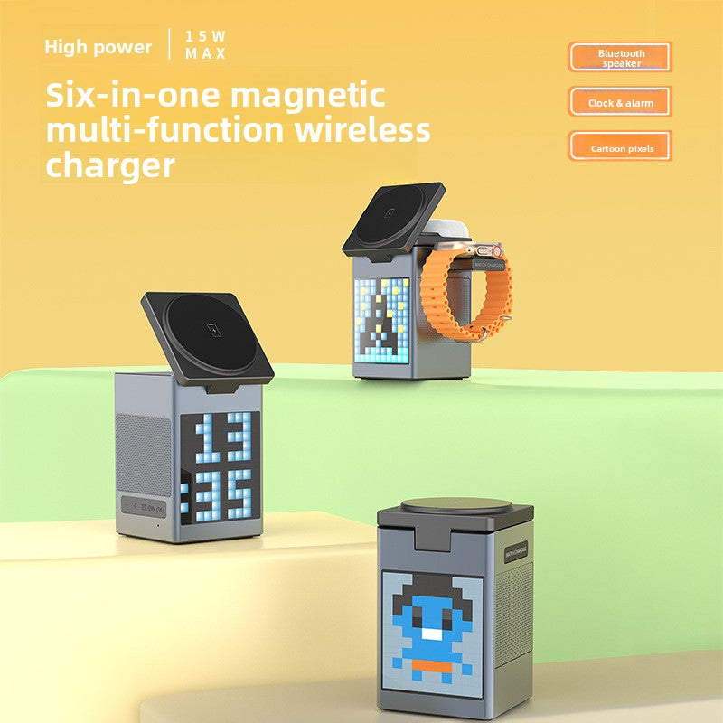 Multi-functional Design: Combines Bluetooth audio, wireless charging, and magnetic phone holder in one device, High Power Output: Total power of 30W and output power of 22.5W, Versatile Compatibility: Suitable for phones, headphones, and watches