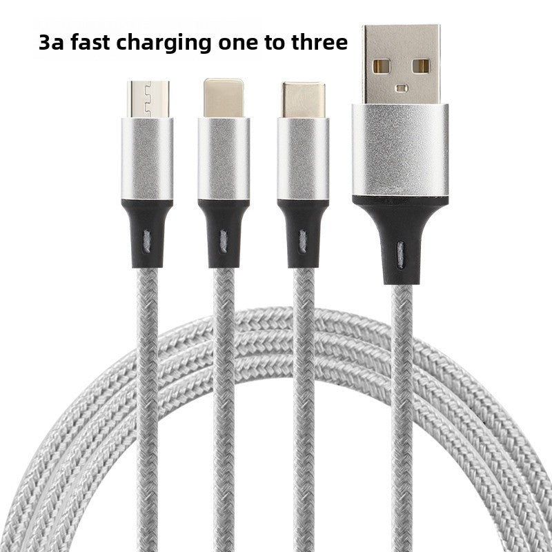 Zn Alloy Fast Cable, High Power Fast Charging: 120W output, Multi-Device Support: One-to-three design with Lightning, Micro USB, and Type-C interfaces, Wide Compatibility, Durable Material: Silicone construction for flexibility and longevity