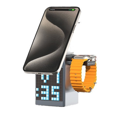 Multi-functional Design: Combines Bluetooth audio, wireless charging, and magnetic phone holder in one device, High Power Output: Total power of 30W and output power of 22.5W, Versatile Compatibility: Suitable for phones, headphones, and watches