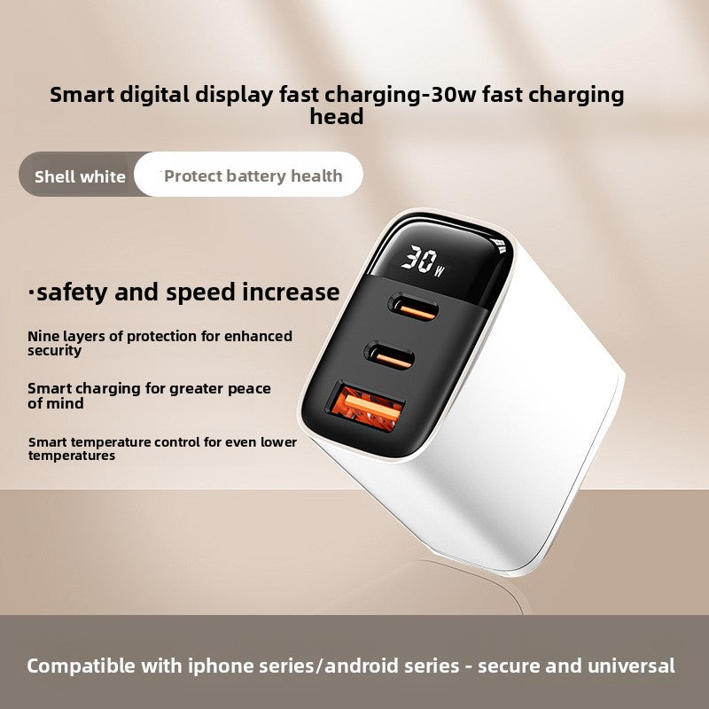 30W Triple Port Fast Charger with Digital Display, Universal Compatibility, PD Protocol: Supports Power Delivery for efficient fast charging