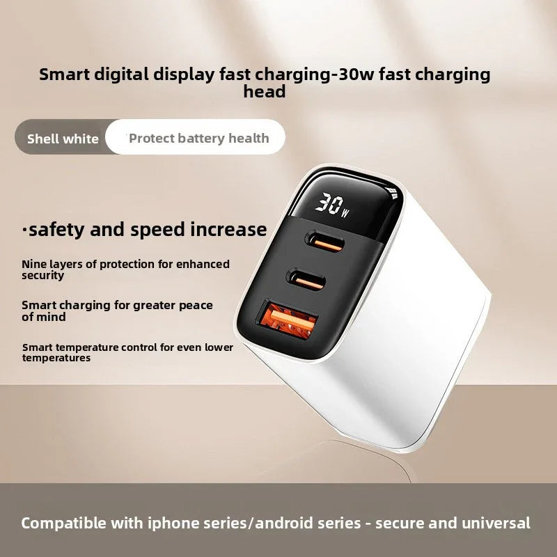 30W Fast Charger with Triple Ports and Digital Display - Universal Compatibility with Power Delivery Support - ZeeTec Store