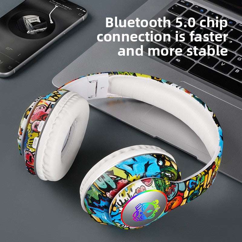 Bluetooth Glowing graffiti headphones, Luminous Design, Card Insertable- Supports memory card insertion, Multi-Compatibility, Long Battery Life 200mAh battery capacity, Lightweight 200g