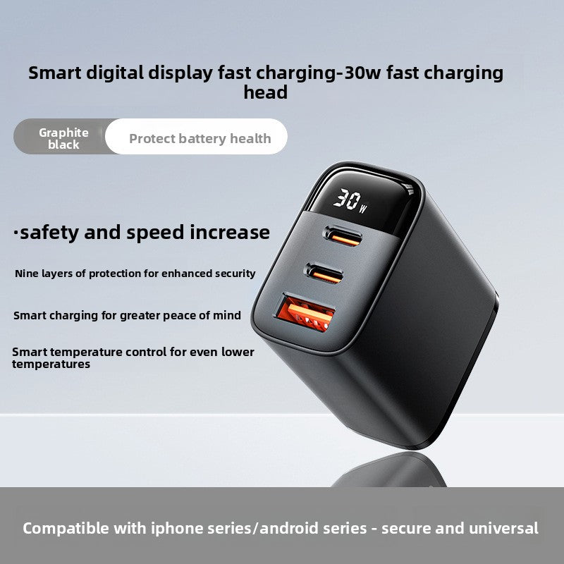 30W Triple Port Fast Charger with Digital Display, Universal Compatibility, PD Protocol: Supports Power Delivery for efficient fast charging