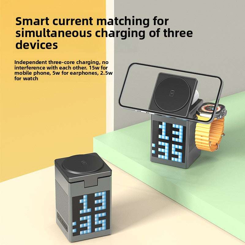 Multi-functional Design: Combines Bluetooth audio, wireless charging, and magnetic phone holder in one device, High Power Output: Total power of 30W and output power of 22.5W, Versatile Compatibility: Suitable for phones, headphones, and watches