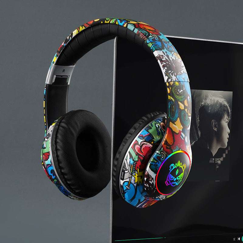 Bluetooth Glowing graffiti headphones, Luminous Design, Card Insertable- Supports memory card insertion, Multi-Compatibility, Long Battery Life 200mAh battery capacity, Lightweight 200g